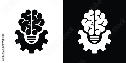 Flat vector icon of a lightbulb brain mounted on a mechanical gear. Symbolizes creative engineering, technical problem-solving, innovative design, mechanical intelligence, and industrial thought.