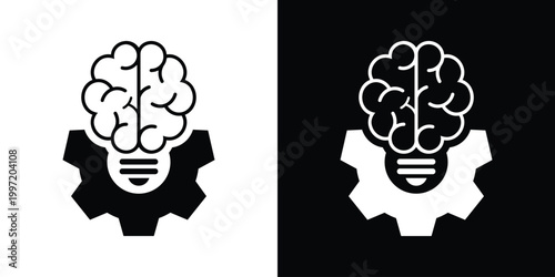 Flat vector icon of a lightbulb brain mounted on a mechanical gear. Symbolizes creative engineering, technical problem-solving, innovative design, mechanical intelligence, and industrial thought.