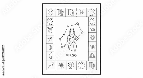 A stylized outline of the zodiac sign Virgo, surrounded by celestial symbols