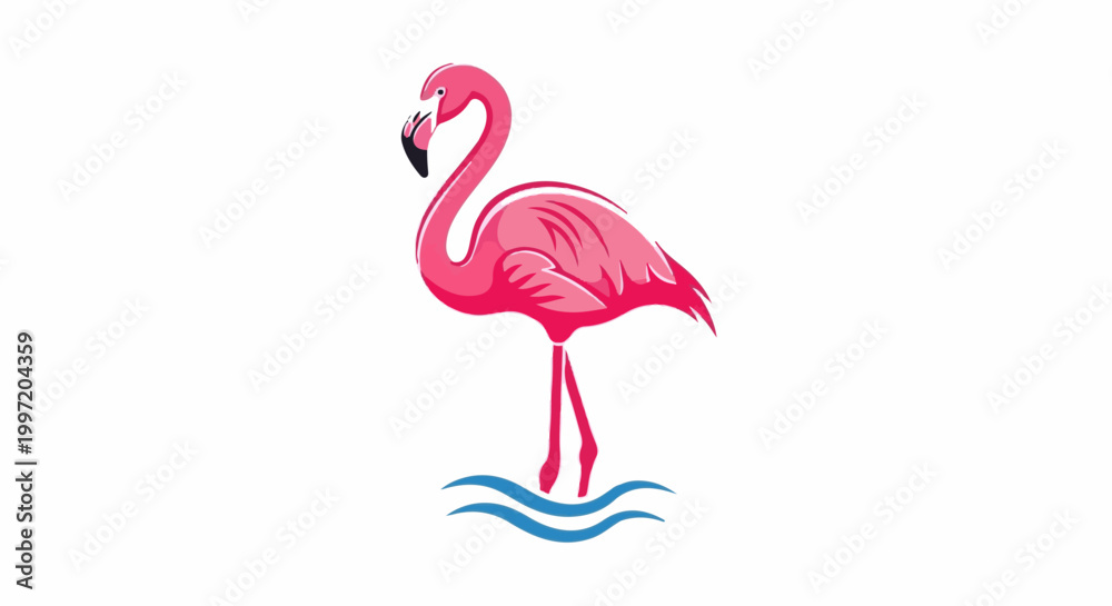 Fototapeta premium A stylized pink flamingo stands elegantly in blue water waves