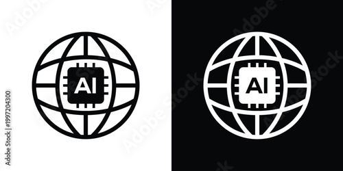 Global network icon featuring a microchip labeled AI inside a sphere. Represents worldwide artificial intelligence, digital connectivity, global data processing, and advanced technological systems.