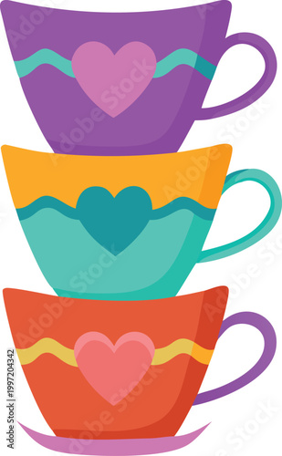 stacked colorful teacups with heart designs high quality
