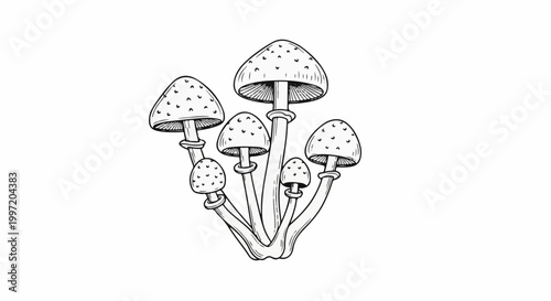 A whimsical cluster of spotted mushrooms on thin stems