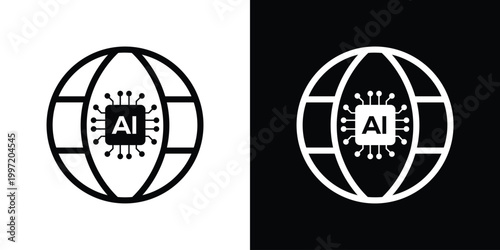 Global network icon featuring a microchip labeled AI inside a sphere. Represents worldwide artificial intelligence, digital connectivity, global data processing, and advanced technological systems.