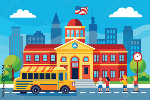 school building with yellow bus and children in front