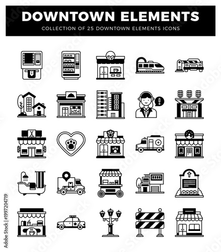 Downtown elements icons collection with street scene. business. and transportation symbols.