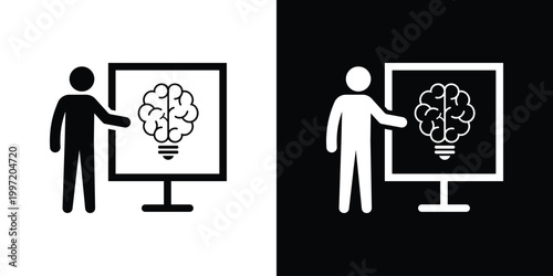 Flat icon of a person pointing to a presentation board displaying a brain-lightbulb. Represents brainstorming, business strategy, educational sessions, innovative planning, and corporate training.