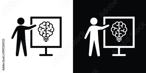 Flat icon of a person pointing to a presentation board displaying a brain-lightbulb. Represents brainstorming, business strategy, educational sessions, innovative planning, and corporate training.