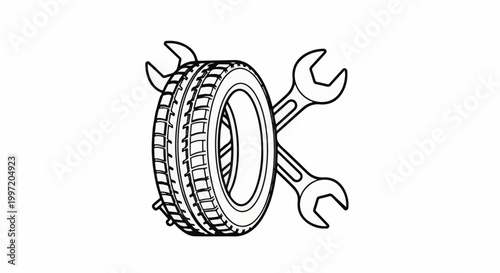 A tire and two wrenches are shown in a black and white illustration