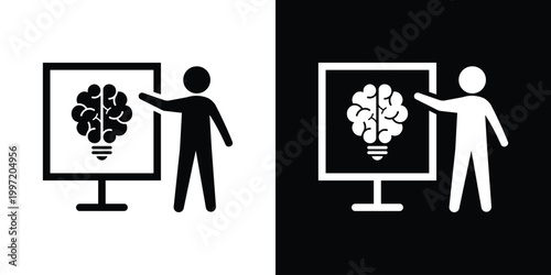 Flat icon of a person pointing to a presentation board displaying a brain-lightbulb. Represents brainstorming, business strategy, educational sessions, innovative planning, and corporate training.