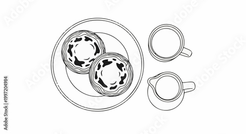 A top-down sketch of two Portuguese tarts and two cups on a white background