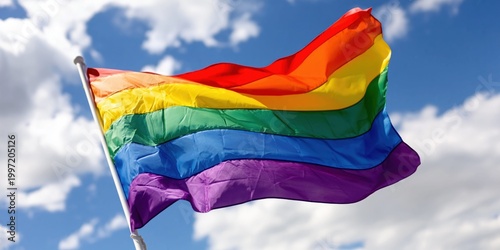 Rainbow pride flag waving gently in the blue sky with white clouds