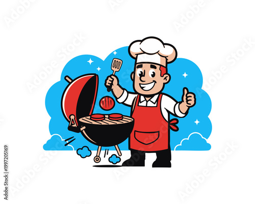 Cheerful chef in red apron holding spatula over barbecue grill with burgers ready to cook AI Generated vector