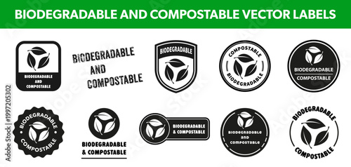 Biodegradable and compostable. Vector information labels for packaging or box.