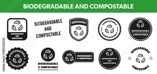 Biodegradable and compostable  - vector stickers for eco package or bottle.