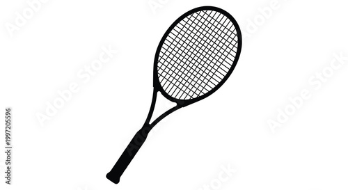 A black tennis racket depicted in a minimalist striking silhouette