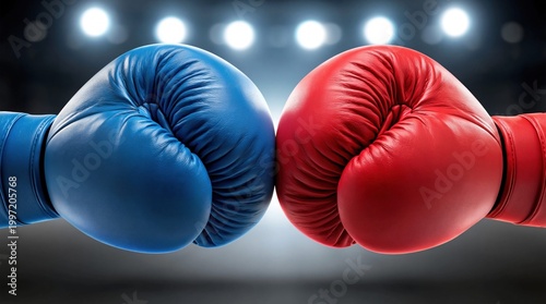 Close-up studio shot of blue and red boxing gloves facing each other