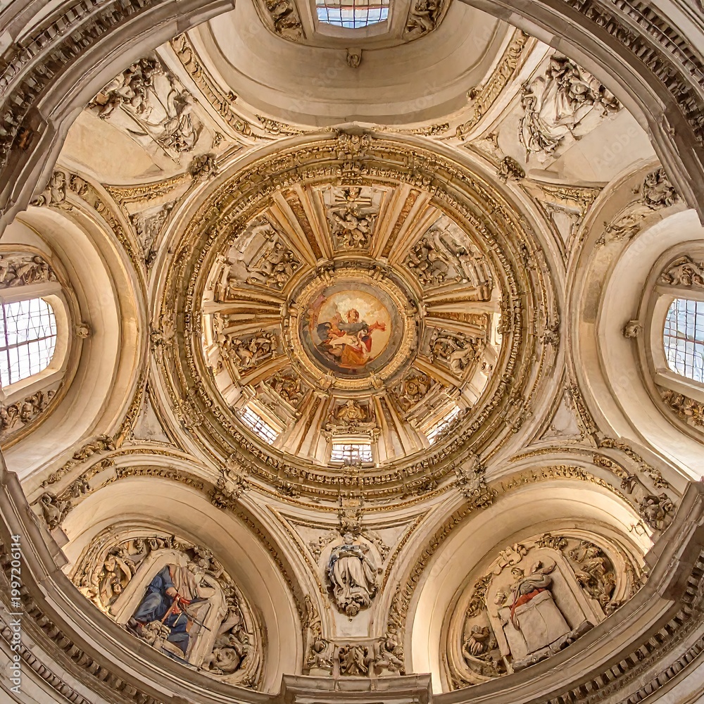 Obraz premium Interior perspective capturing a cathedral's ceiling from a low angle, emphasizing intricate architectural details and artistry