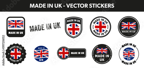 Made in UK. Product vector stickers for box or package. Great Britain product labels.