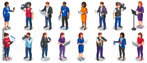 Media and journalism professionals set | diverse reporters and camera operators working in news production | isometric vector illustration style