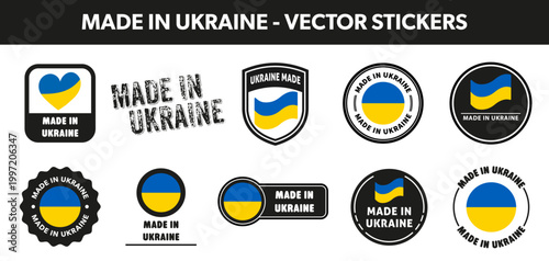 Made in Ukraine. Vector stickers for product origin information on package.