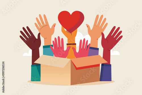diverse hands holding heart in cardboard box