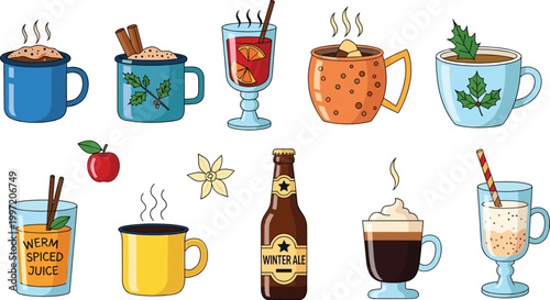 Warm Holiday Drink Vector Set Featuring Spiced Cider, Hot Toddy, Winter Ale, and Cozy Beverages for Winter and Holiday Drink Illustrations