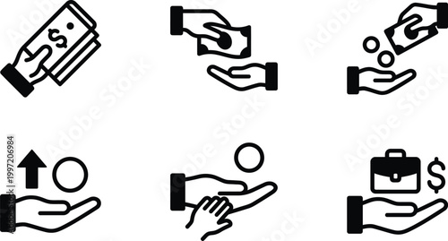 Finance and payment icons set with money exchange cash hand investment income symbols outline vector collection isolated on light background