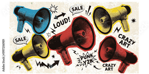Transparent PNG available
Halftone collage dotted cutouts of megaphones. Pop art dots loudspeaker, sale icon. Vector illustration, grunge y2k punk crazy art 