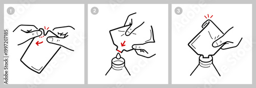 Instruction for opening pouch bag with torn curve corner icons set. The outline icons are well scalable and editable. Contrasting elements are good for different backgrounds. EPS10.