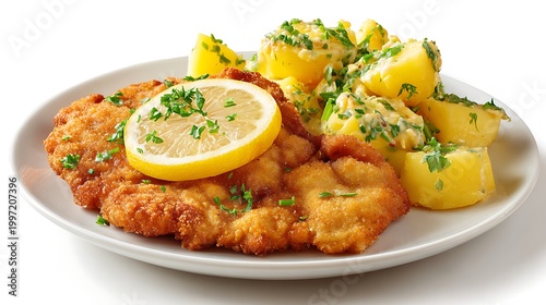 Plate of schnitzels with lemon isolated on the white background 