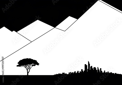 Minimalist Black and White Landscape with Tree and City Skyline.