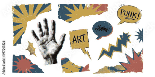 Retro halftone collage elements for mixed media design. Human hand in halftone texture,