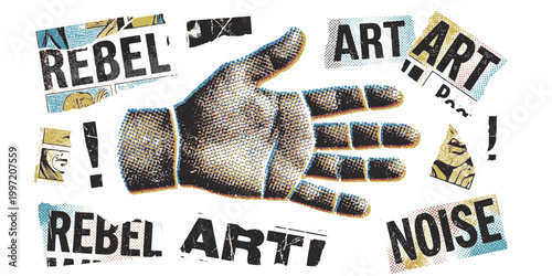 Retro halftone collage elements for mixed media design. Human hand in halftone texture,