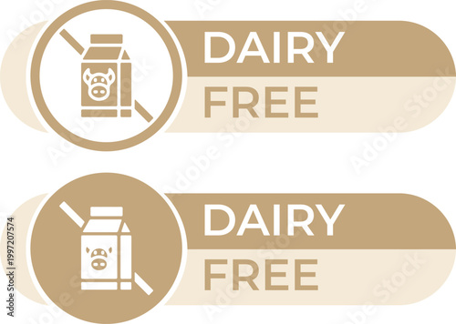 Dairy free product labels with milk carton icon, lactose free food packaging badges, beige and white dietary restriction vector set
