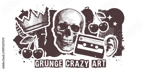 Dithering halftone collage elements for mixed media design. Crown, skull, cherry, cassette, ear and shapes in bitmap halftone texture,
