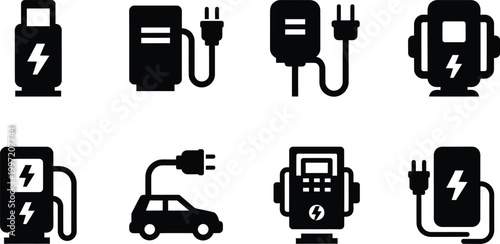 Electric vehicle charging station icons a collection of black silhouette designs