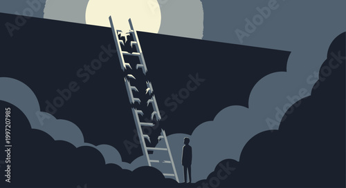 Man standing in front of a ladder leading to the moon