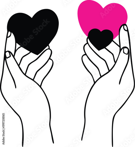 hands holding hearts in black and pink colors
