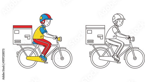 Delivery boy riding bicycle with box vector illustration. Eco-friendly courier character in colorful and black and white line art styles.