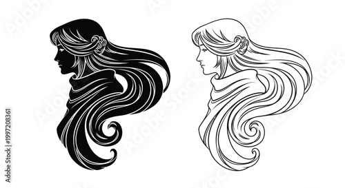 woman silhouette with flowing hair in black and white