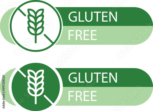 Gluten free labels with wheat ear icon, green organic food certification badges, dietary restriction vector stickers for product packaging