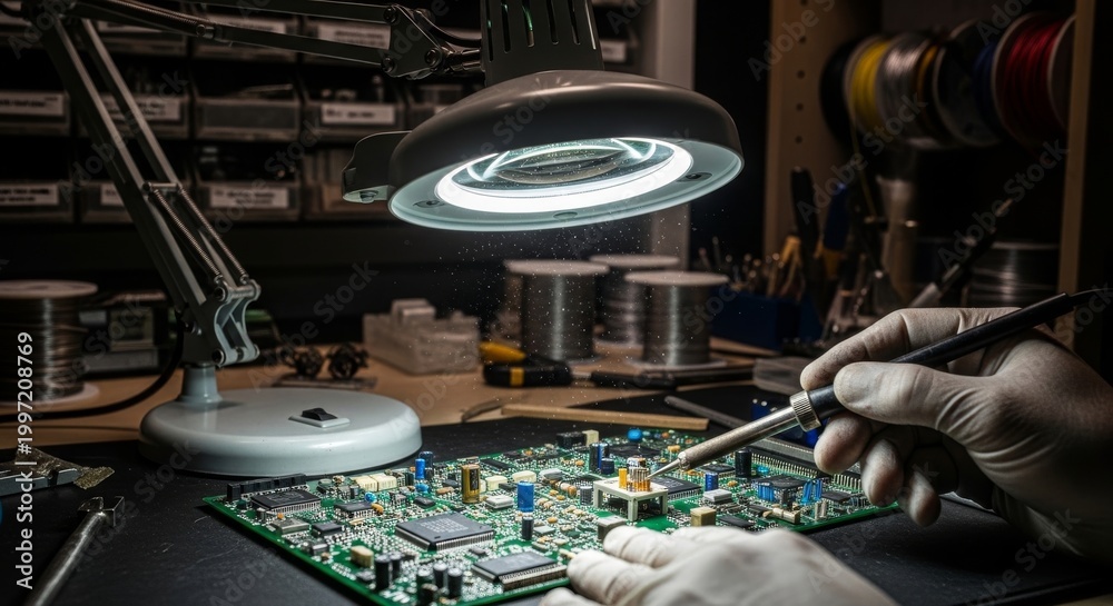 Naklejka premium Electronics Repair With Magnifying Lamp