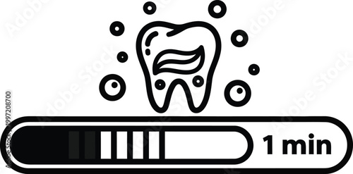 Tooth brushing timer icon: clean teeth, toothpaste, bubbles, 1 minute progress bar