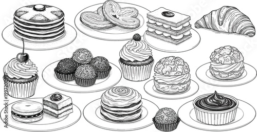 Hand drawn bakery desserts set featuring pancakes cupcakes croissant pastries and sweets detailed vintage sketch food illustration collection
