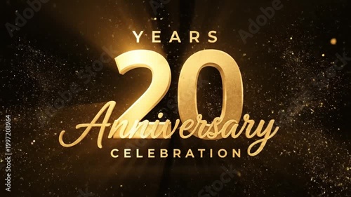 A celebratory graphic features a large golden number 20 on a sparkling dark background. The text reads: YEARS 20 Anniversary CELEBRATION.