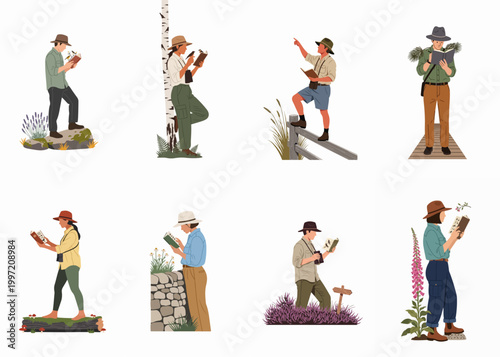 Schilderij op canvas Set of diverse birdwatchers and nature enthusiasts exploring the outdoors, studying wildlife, and reading field guides in various natural environments