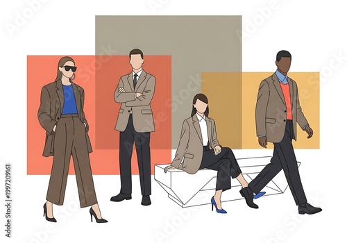 Diverse Business Professionals Walking and Sitting in Modern Office Environment.