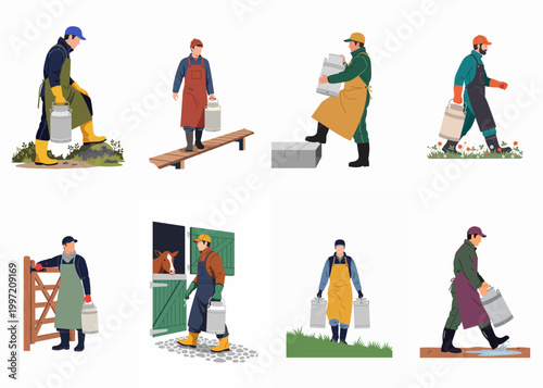 Tableau sur toile Collection of illustrations showing male farmers carrying metal milk cans in various rural farm settings, wearing aprons and rubber boots