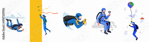 Φωτογραφία Collection of vector illustrations featuring skydivers in various poses, including freefalling, jumping from a plane, checking an altimeter, and filming with a camera